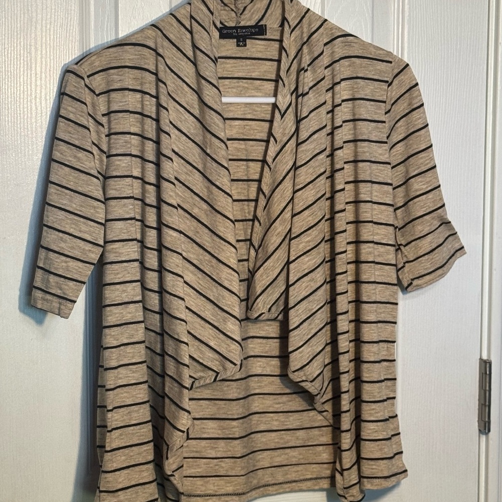 Great Layering Piece! Green Envelope Beige and Black Striped Cardigan S